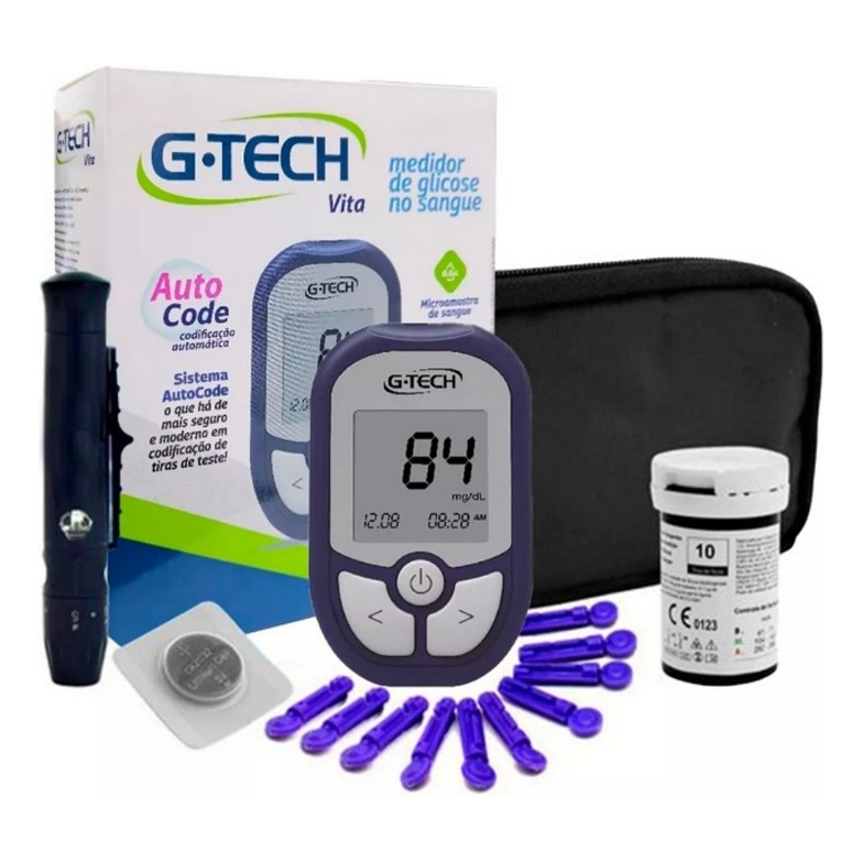 Medidor Glicose Diabete Gtech Vita Kit Com 1 Aparelho 1 Caneta 10 Tiras 10 Lancetas Comple...