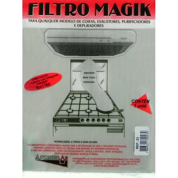 Filtro Para Coifa Exaustor Purificador Suggar e Depuradores 59cm x 78cm Filtro Magic R.23 Cozinha Fogão Frituras