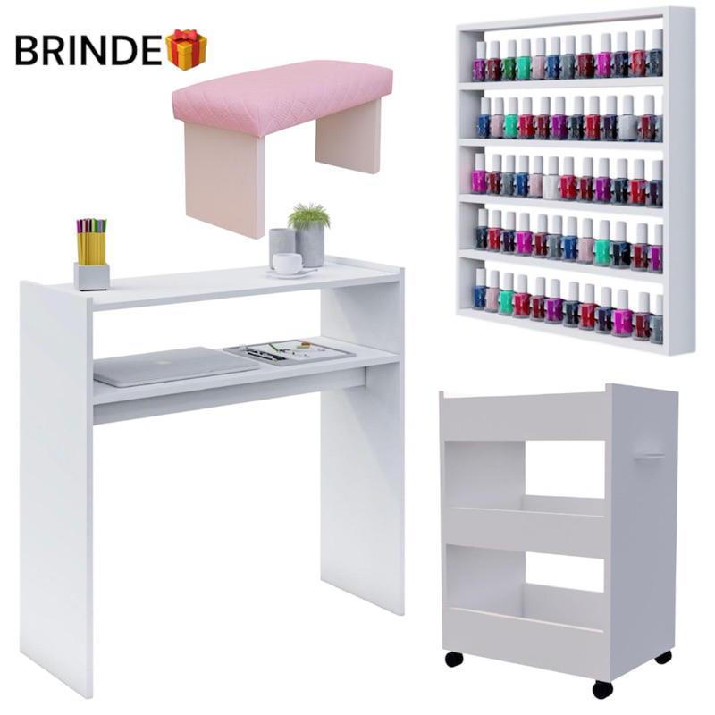 Kit Mesa Manicure + Carrinho Auxiliar + Porta Esmaltes + Apoio De Mão Manicure Unha Gel Salão De Beleza Oferta