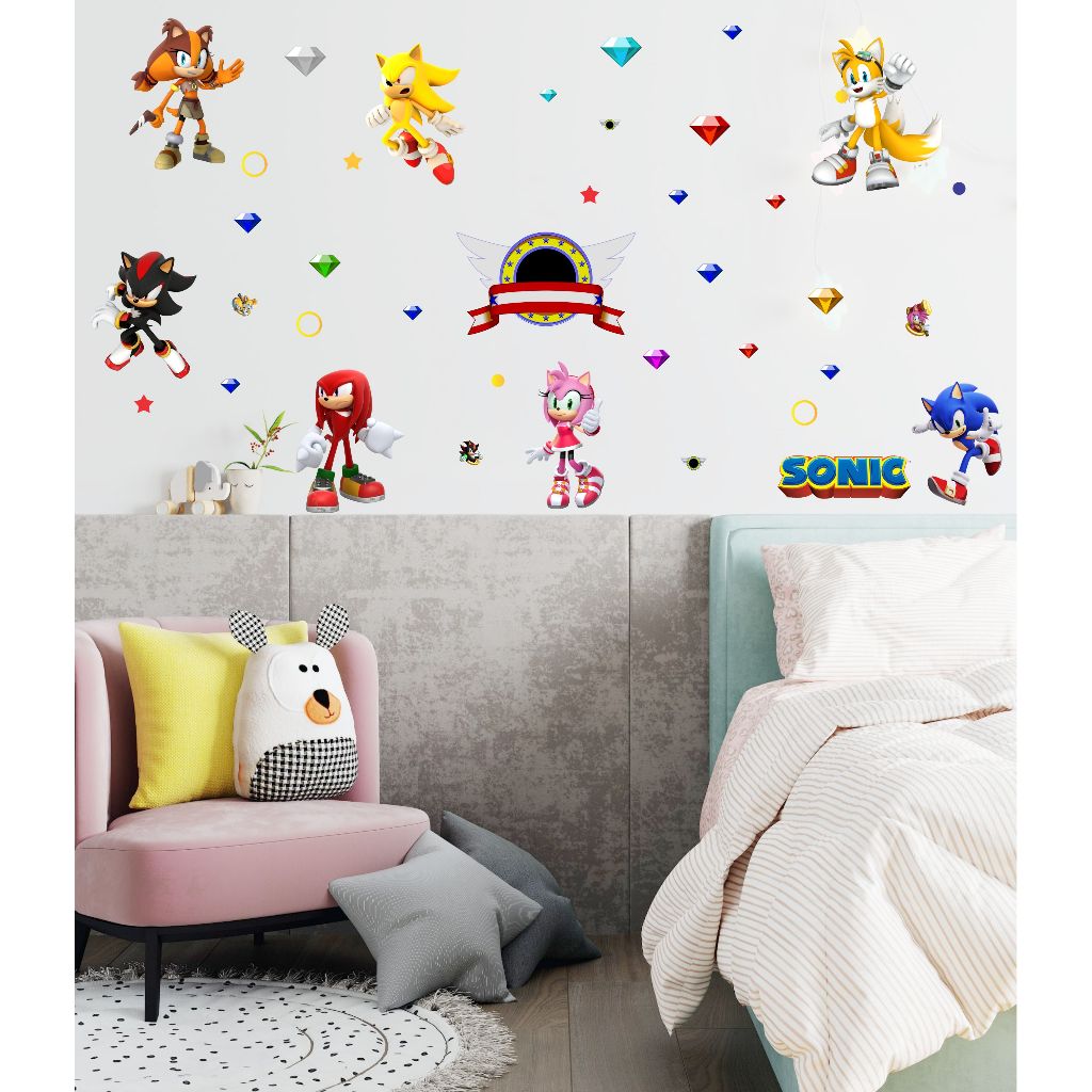 KIT ADESIVOS SONIC PARA QUARTO INFANTIL - 126 UNIDADES - DECORAÇÃO FESTA INFANTIL SONIC