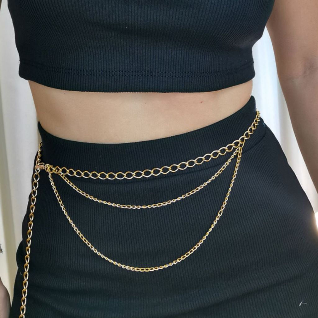Cinto Feminino Corrente com 3 Camadas Moda Tendencia Prata ou Dourado em Oferta na Shopee