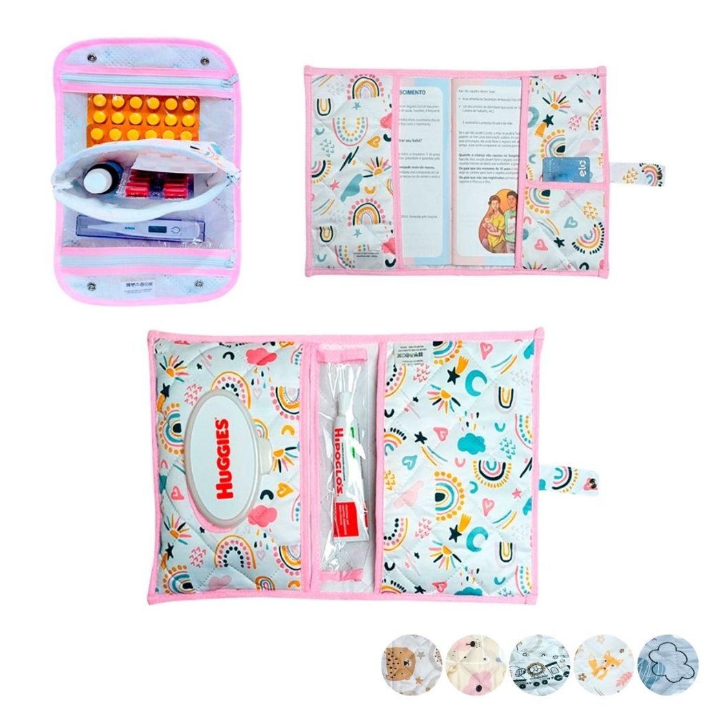 Necessaire Porta Remédios Portátil + Porta Fraldas, lenço Umedecido e Pomada + Porta Caderneta de Vacinação Para Bebê