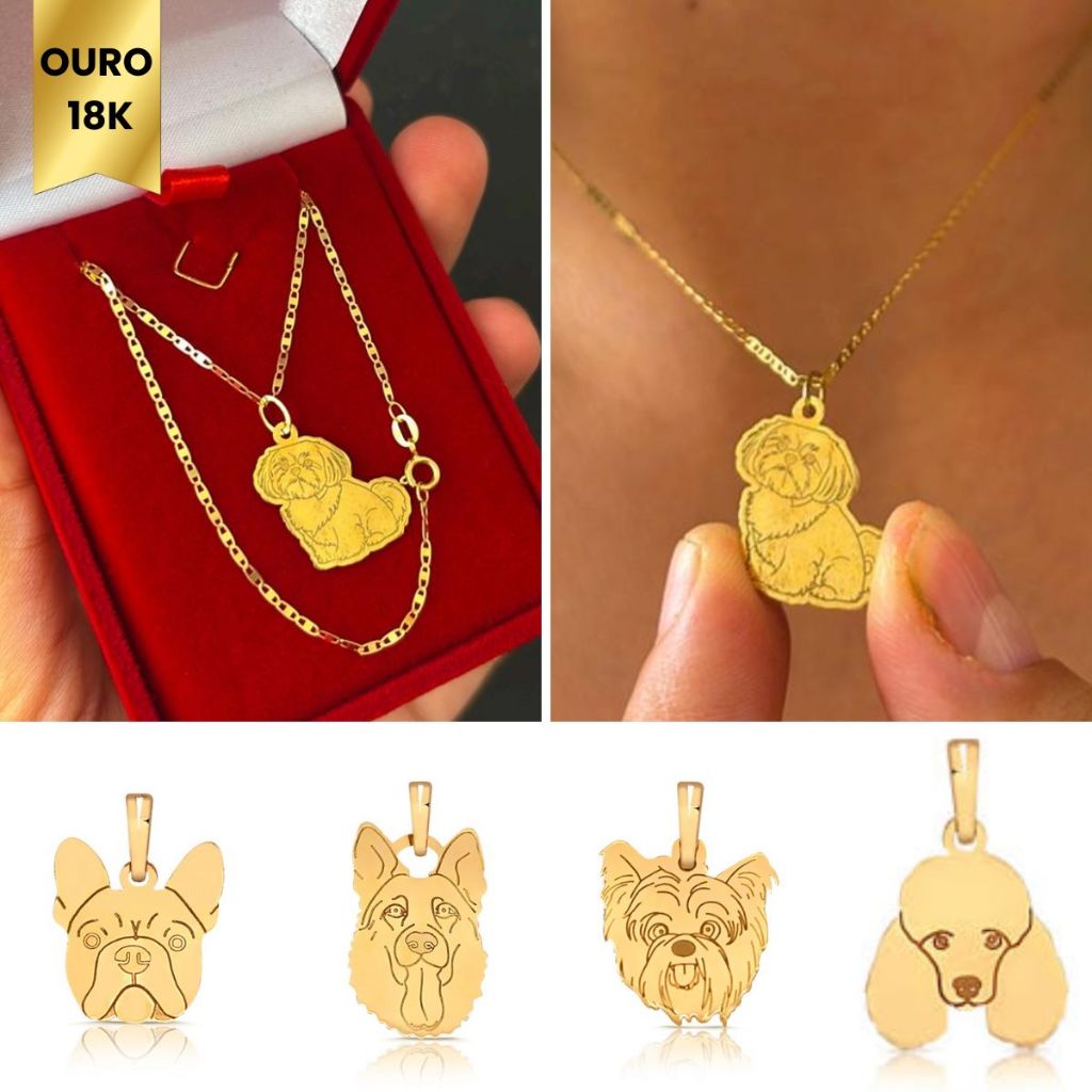Corrente Ouro + Pingente Cachorro Shih-Tzu Buldogue Spitz Yorkshire Poodle Pug