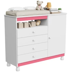 Cômoda Trocador Infantil 4 Gavetas 1 Porta Nicho Móvel Prático para Quarto de Bebê Menino ou Menina