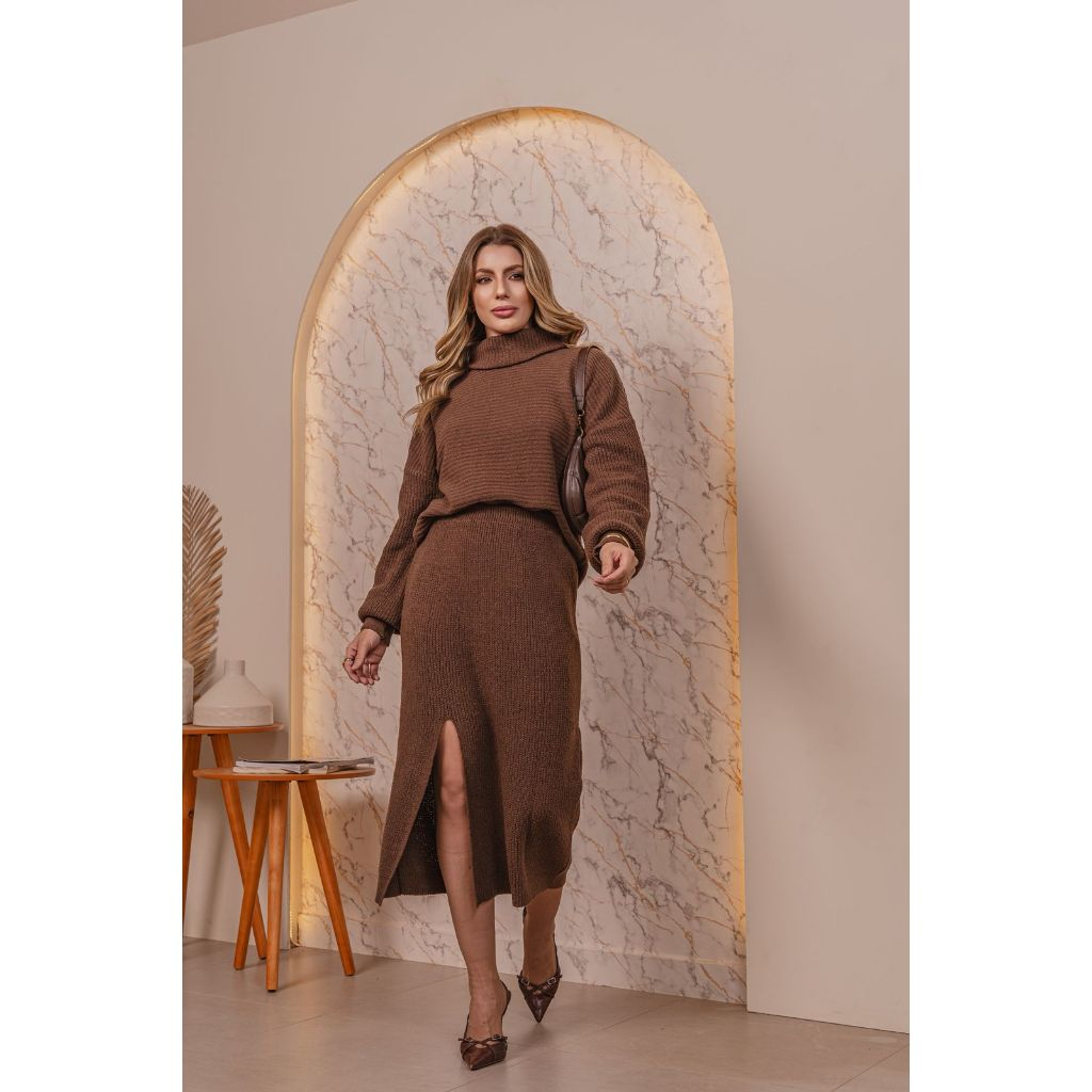Conjunto Mabelly Saia Fenda e Blusa Gola Boba Mousse Moda Tricot