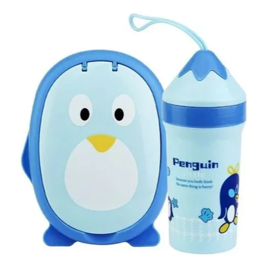 Kit Lancheira E Garrafinha Infantil Formato De Pinguim E Lápis Talheres Plástico