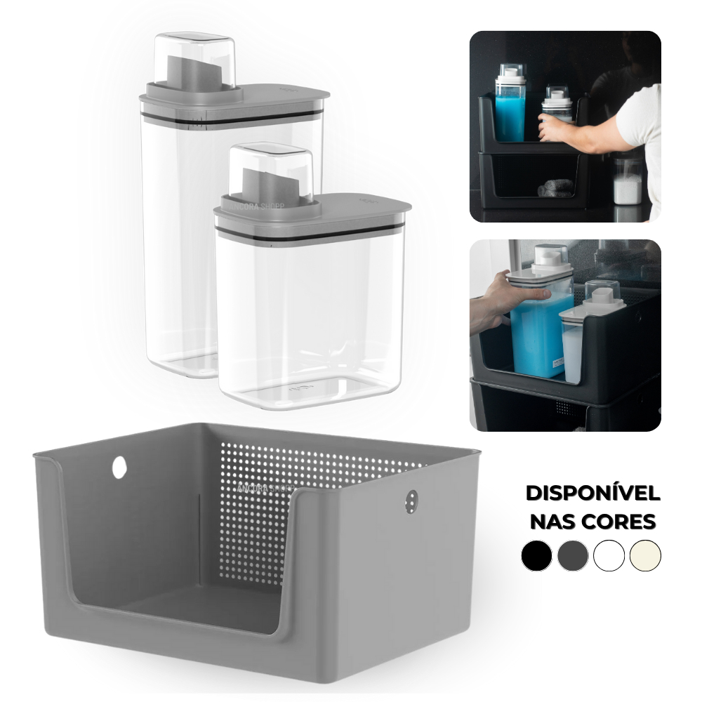Kit 2un Dispenser 1,5L e 2,3L + Cesto 16L Organizador para  Lavanderia Porta Sabonete Amaciante em Oferta na Shopee