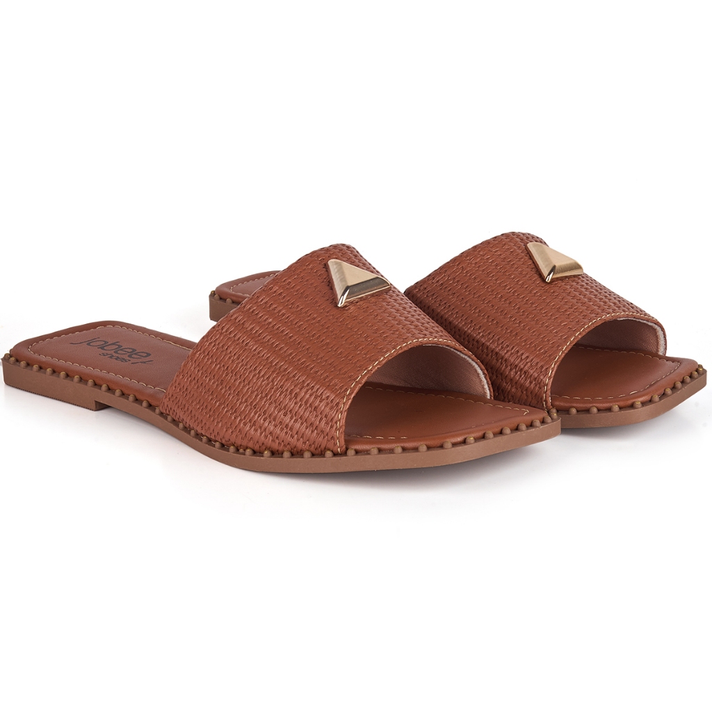 Rasteira Feminina Chinelo Slide Flat Juta Bico Quadrado Tachas Confortável Moda Sandália Elegante