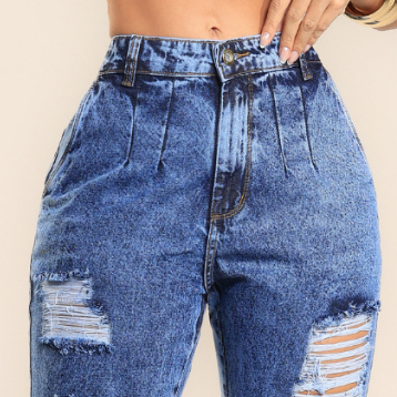 Calça Jeans Feminina Mom Clara Rasgada Com Pinça Detalhe Empina Bumbum Cintura Alta 100% Algodão em Oferta na Shopee