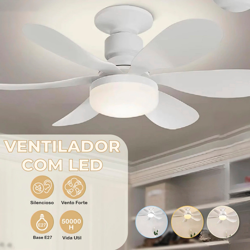 Ventilador de Teto PRO 80W 60W Super LED Lâmpada E27 Controle Remoto Luminária Economica Bivolt