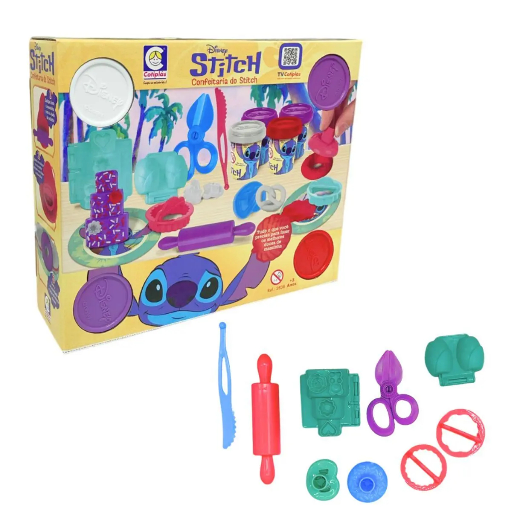 Massinha de Modelar Stitch Disney Cotiplás Confeitaria com 4 Potes 6 Moldes e Acessórios