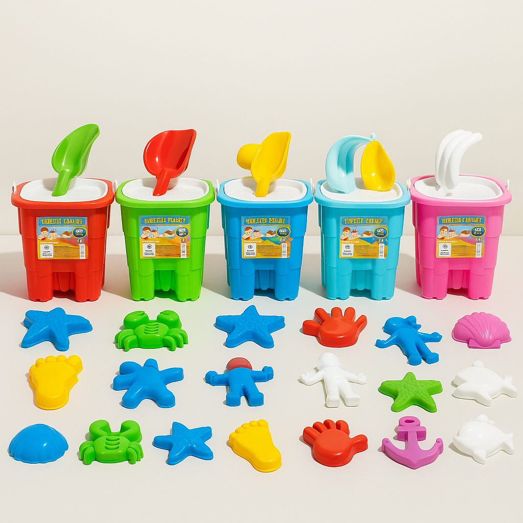 Baldinho de Praia Infantil M Com 10 Peças Como Moldes, Pá, Peneira, Ideal Para Areia e Piscina