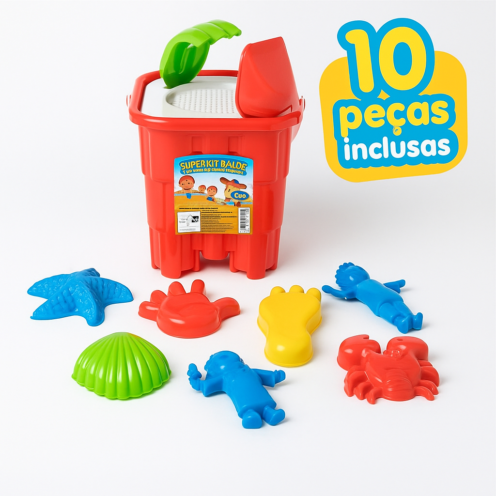 Baldinho de Praia G Infantil Com 10 Peças Como Moldes, Pá, Peneira, Rastelo Brinquedo Educativo