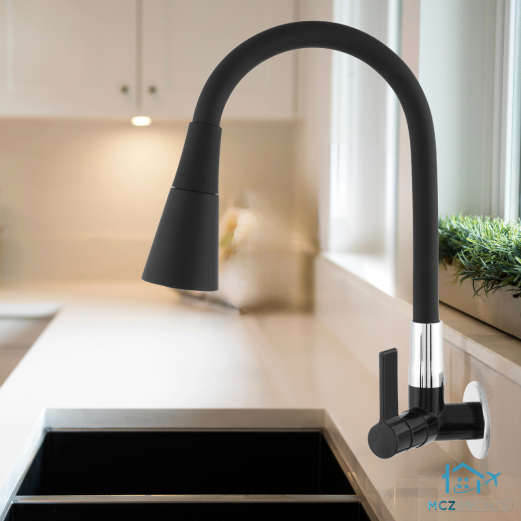 Torneira Parede Cozinha Gourmet Preta Flexivel 2 Jatos 1/4 de volta para mesa pia bancada e mármore