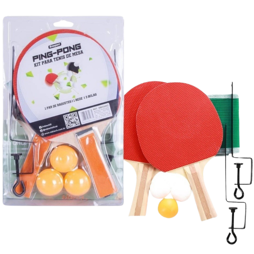 Kit Ping Pong Tenis De Mesa 2 Raquetes 3 Bolas Suporte Rede Brasport