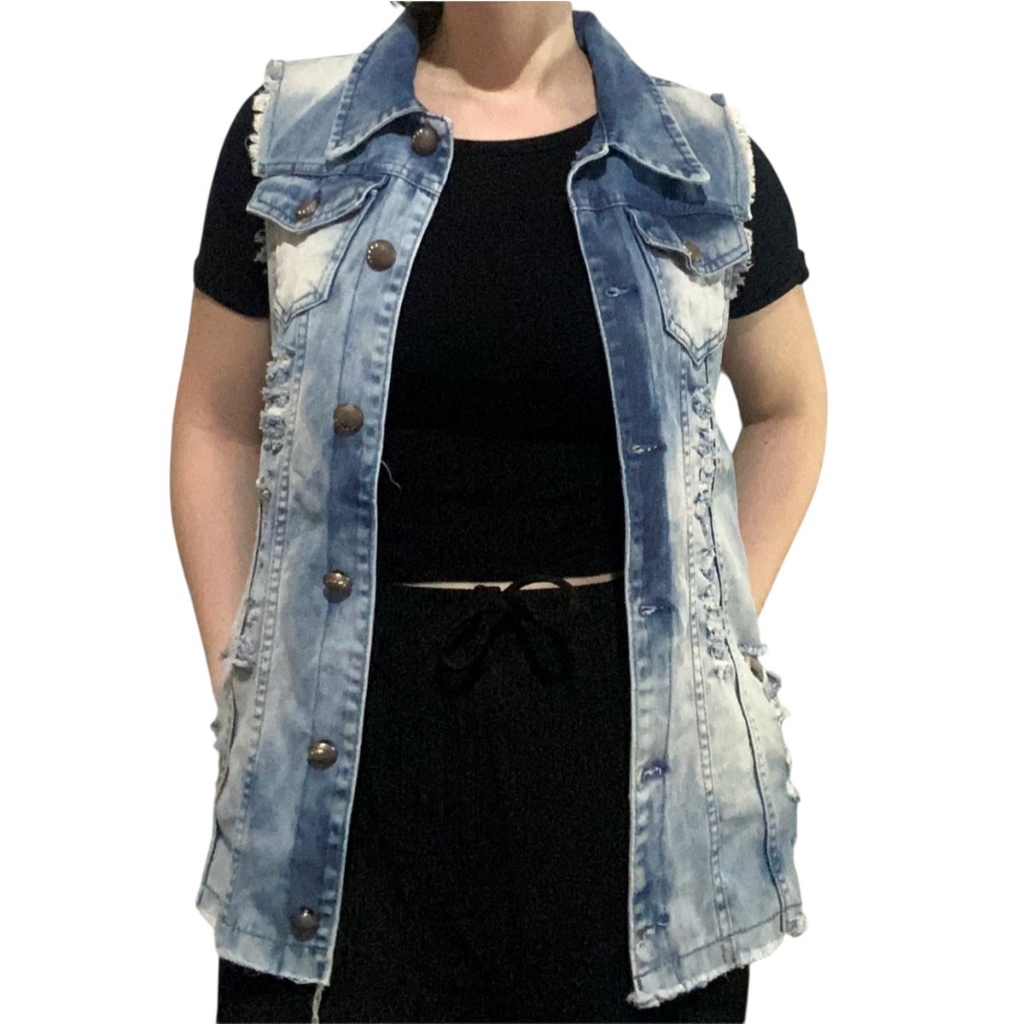 Colete longo jeans destroyed edex feminino