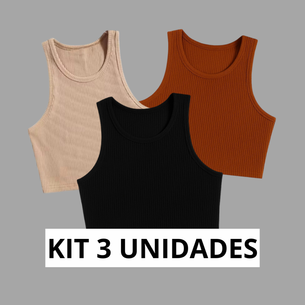 KIT COM 3 Cropped Regata Regatinha Blogueira Top Blusinha Basica Canelado