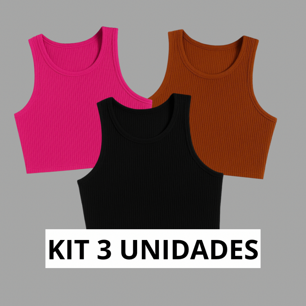 Hiper Kit 3 Cropped Canelado Regata Regatinha Blogueira Top