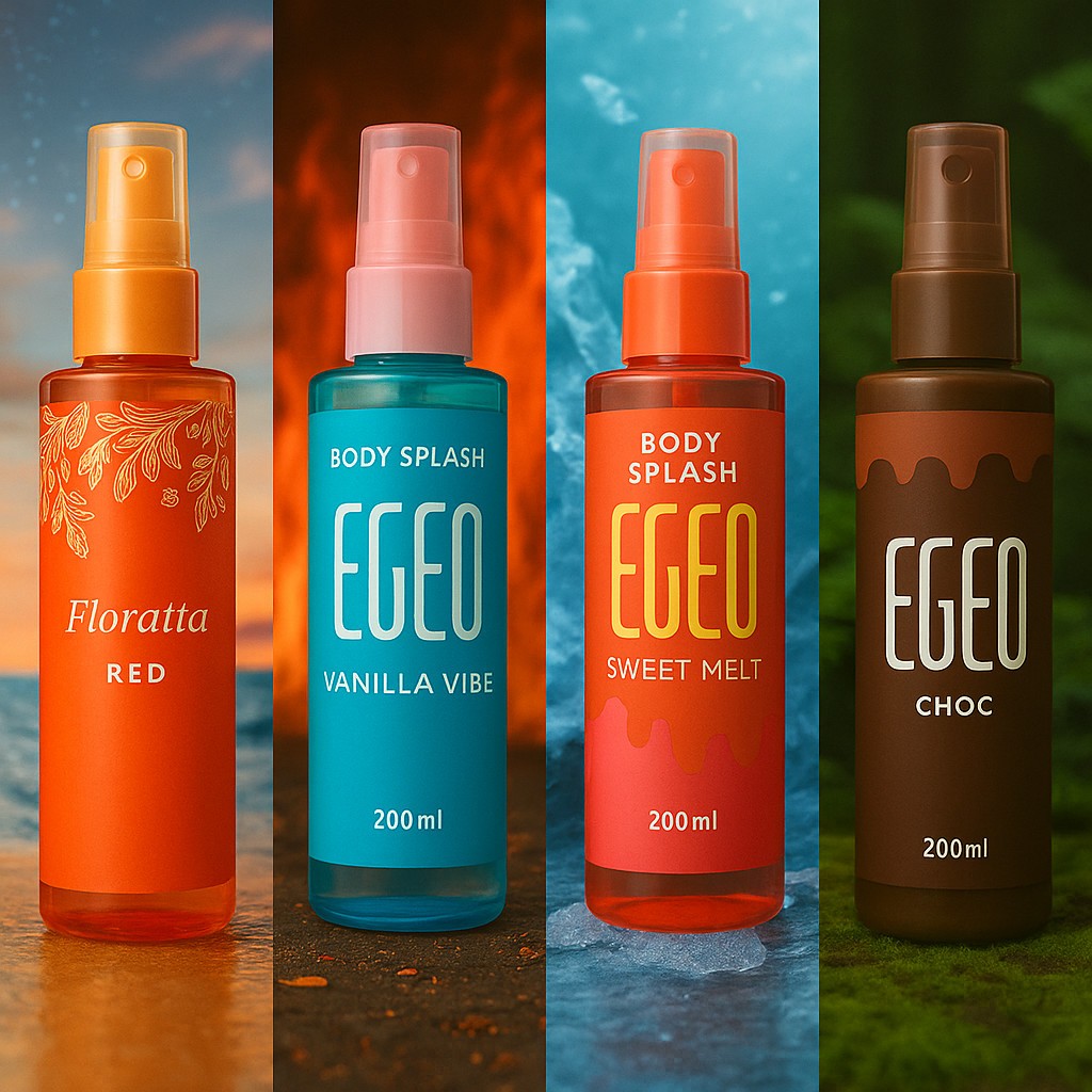 Kit 4 Body Splash Egeo Vanilla Vibe, Melancia, Floratta Red e Fragrâncias Refrescantes 60ml Cada