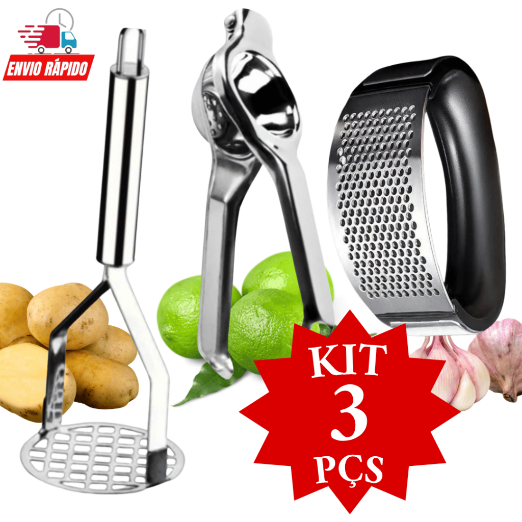 Kit Utensílios Amassador de Batata Multiuso  Amassador Cortador de Alho  Espremedor de Limão Aço Inox Cozinha Promoção