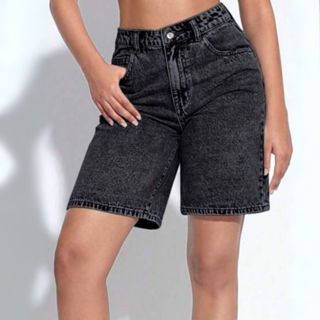 Bermuda Jeans Feminina Cintura Alta Levanta Bumbum Preta Básica em Oferta na Shopee