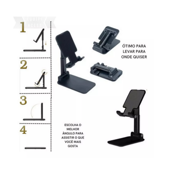 Suporte Para Celular e Tablet Dobrável Portátil Ajustável Apoio Mesa Preto