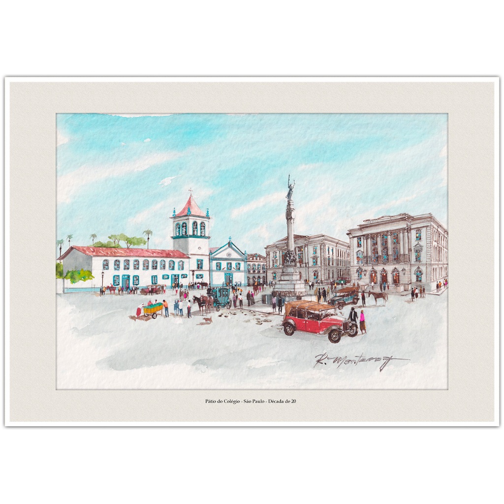 Pátio do Colégio - São Paulo - Década de 20 | Arte Aquarela para Quadro Decorativo | Lembrança | A4