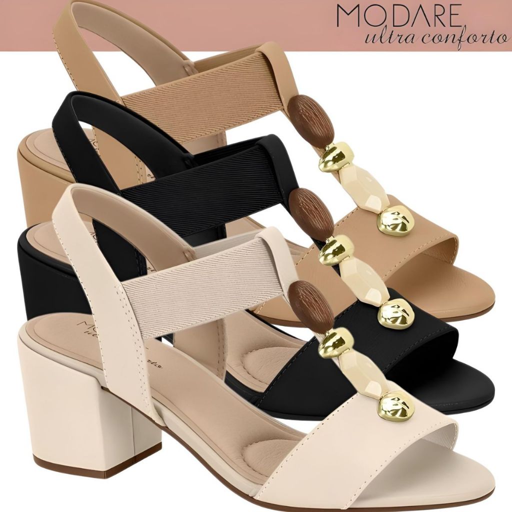 Sandália Feminina Modare Original Ultraconforto Salto Grosso Pedraria Salto 4,5 cm Trabalho Original