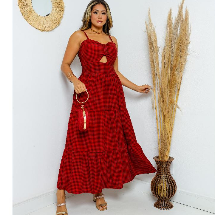 Vestido Midi Xadrez Preto e Vermelho Feminino Rodado Alcinha Vestido Casual Chic Festa Passeio Verão