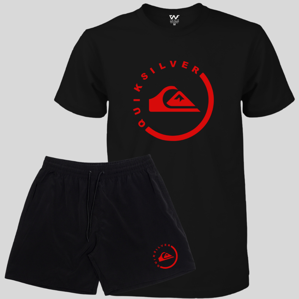 Conjunto Camiseta Algodão Quiksilver + Bermuda Masculina Com Elastano