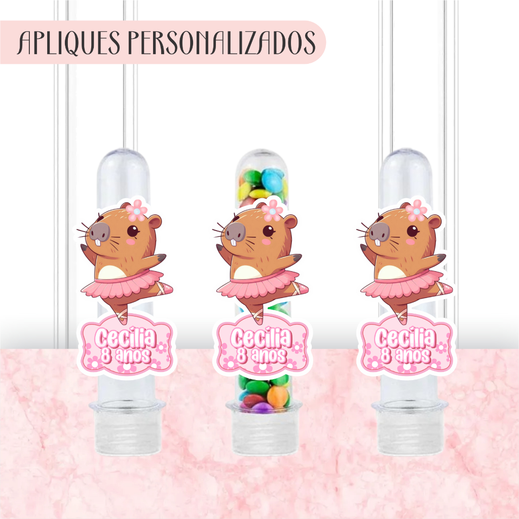 Apliques Personalizados para Tubetes Tema Capivara Rosa/Menina -Lembrancinhas-Festa infantil-Aniversário-Papelaria