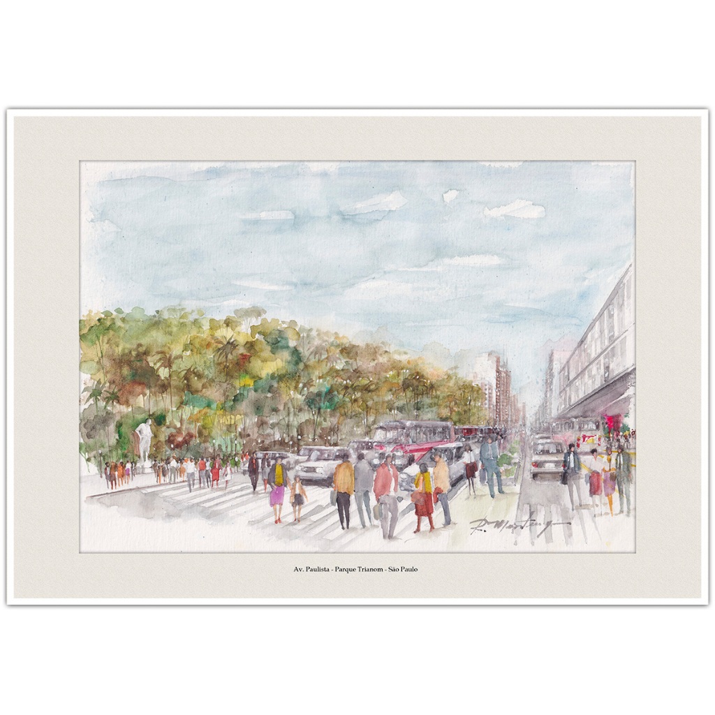 Av. Paulista Parque Trianom - São Paulo | Arte Aquarela para Quadro Decorativo | Lembrança | A4
