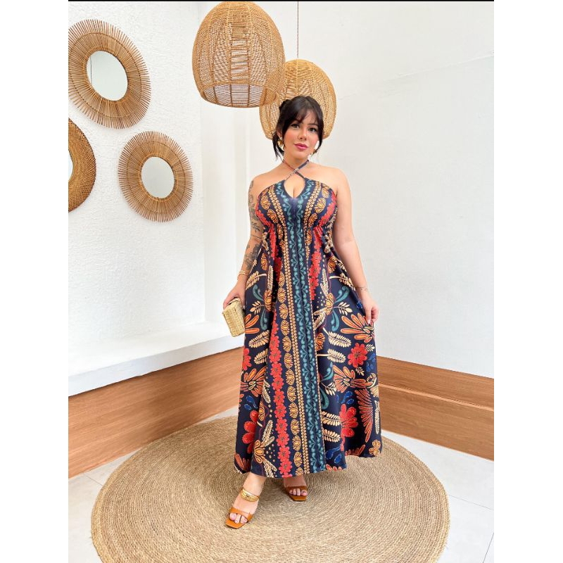 Vestido Feminino Longo Costa Nua Decote V Soltinho Estilo Indiano Estampado Inspiração Flores Com Tira De Amarrações