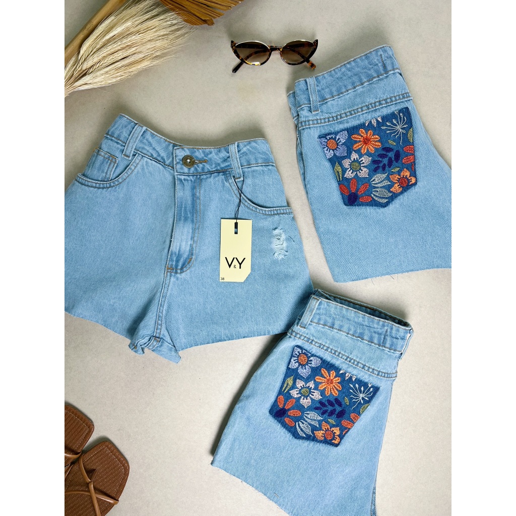 Short Jeans Feminino Bordado Flores Jardim Colorido Bolso Traseiro em Oferta na Shopee