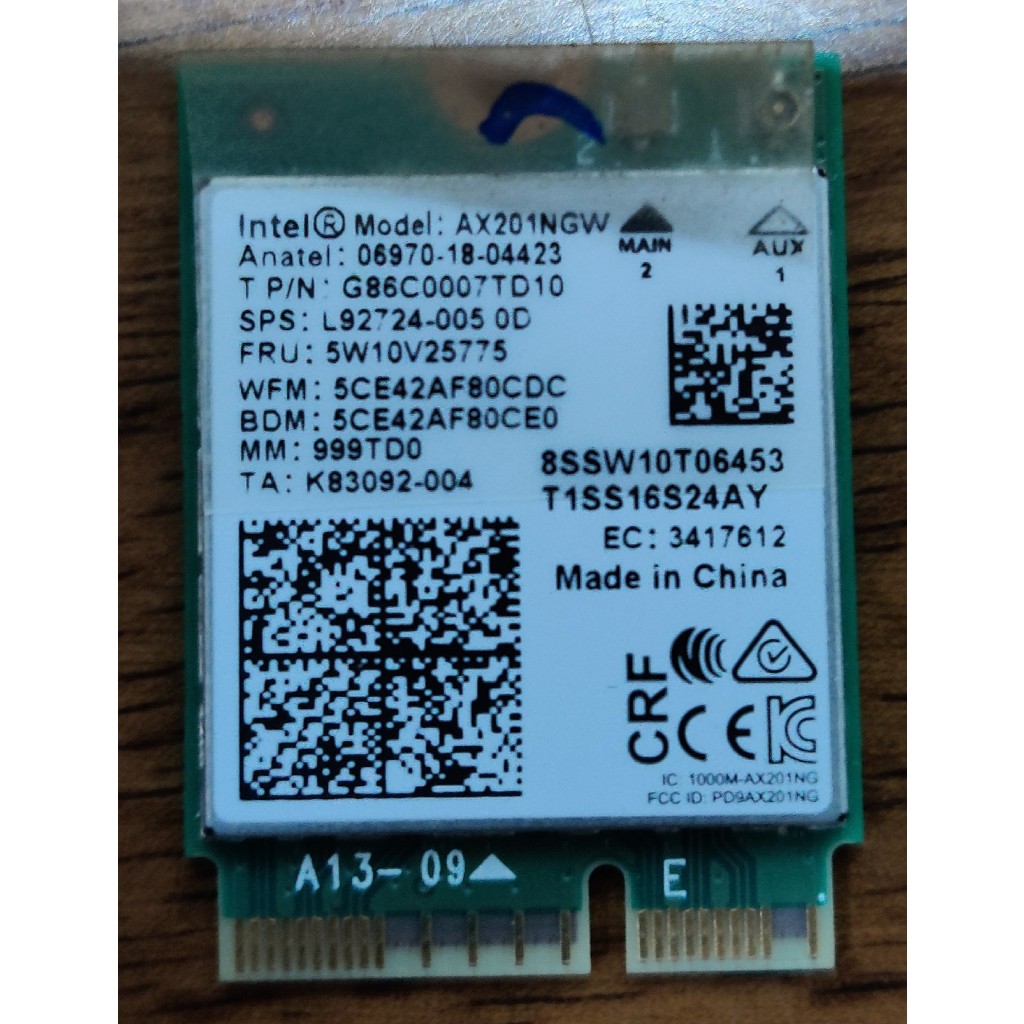 Placa wifi 6ax Intel AX201NGW 2.4/5.0G, Bluetooth 5.2 Windows 10 e 11 Linux M.2 CNVio2