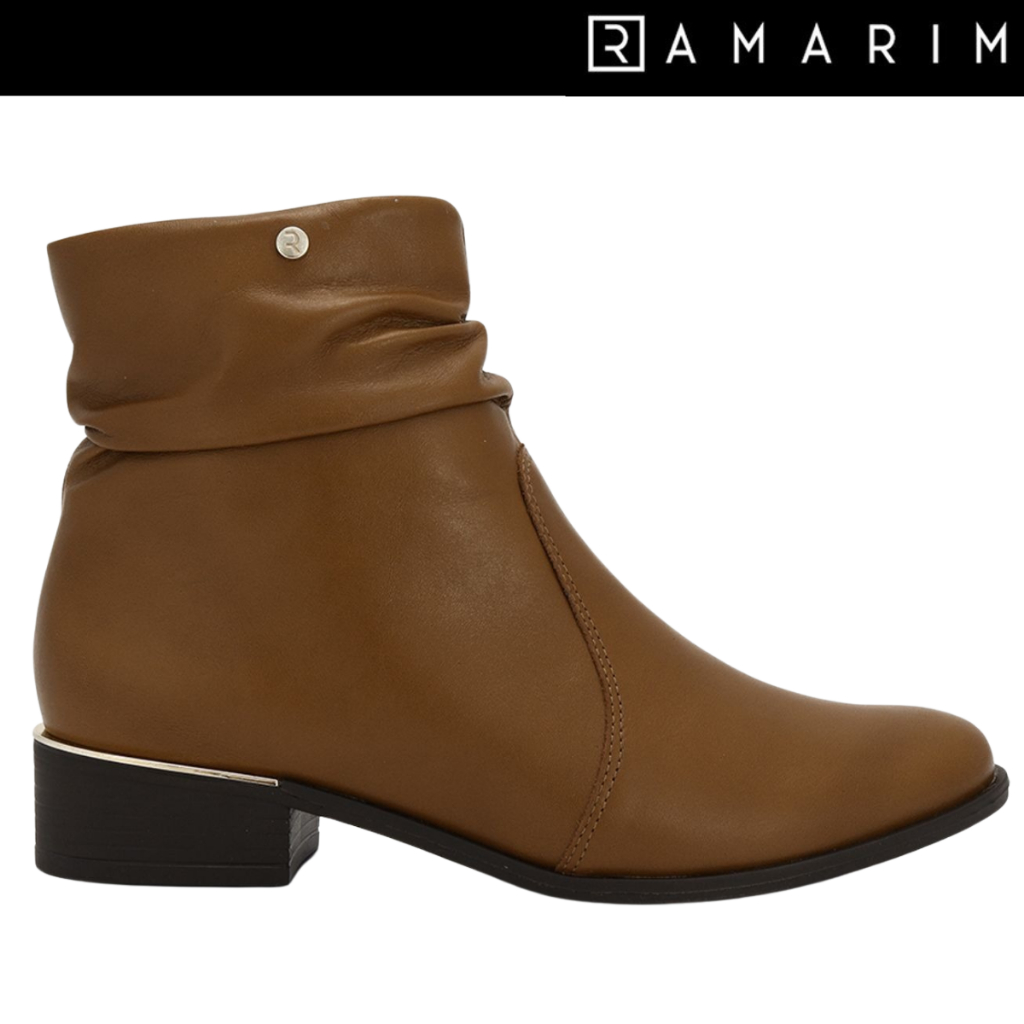Bota Feminina Ramarim Cano Curto Couro Legítimo Slouch Detalhe Franzido