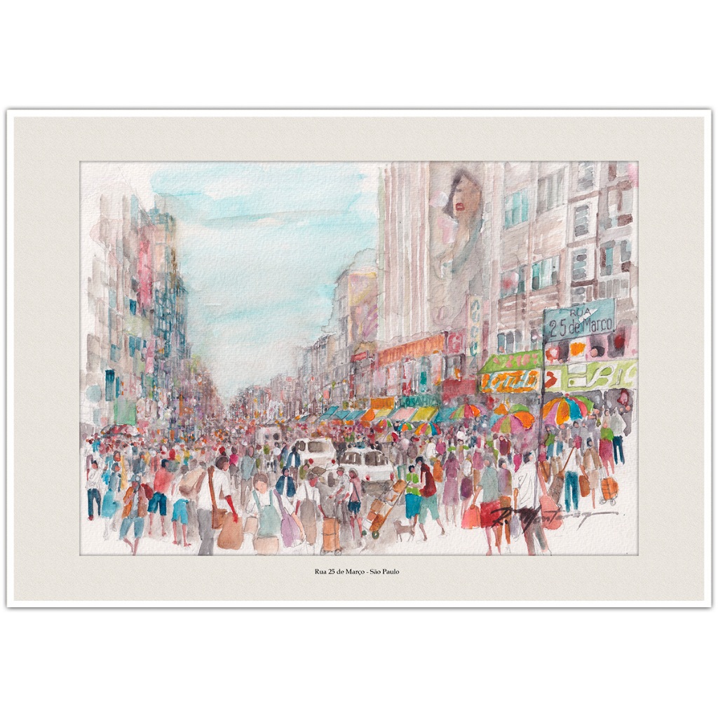 Rua 25 de Março - São Paulo | Arte Aquarela para Quadro Decorativo | Decoração Lembrança | A4