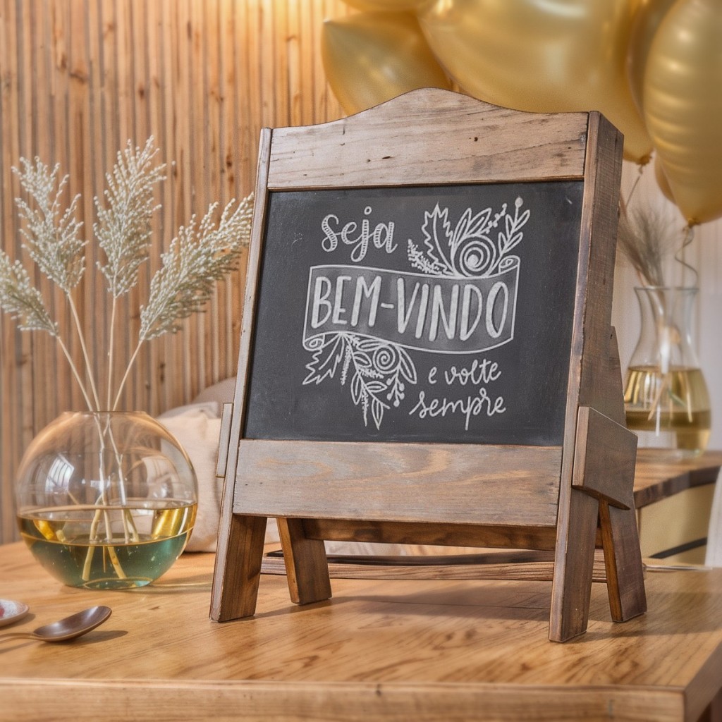 Cavalete Lousa De Mesa Para Festas Chá De Bebê Decoração Casamento Festa Junina Em Madeira Pinus Rustica
