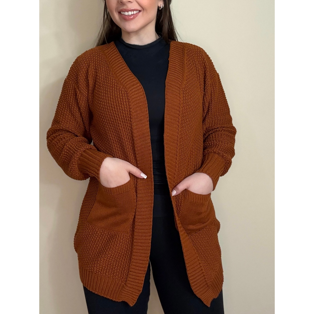 Cardigan Tricot Bolso Casaco Sobretudo Liso Kimono Manga Bufante Festa Junina Inverno 2026 em Oferta na Shopee