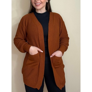 Cardigan Tricot Bolso Casaco Sobretudo Liso Kimono Manga Bufante Festa Junina Inverno 2026 em Oferta na Shopee