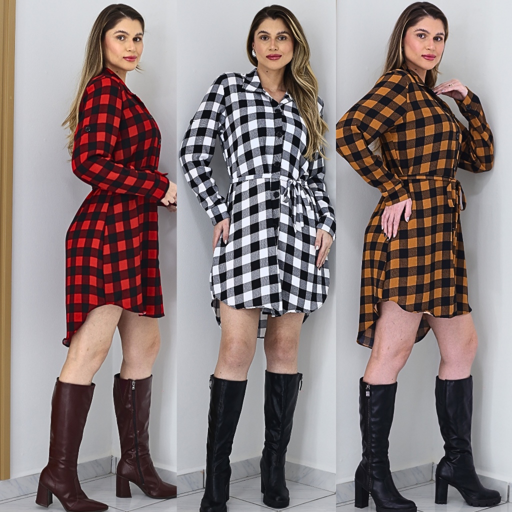 Vestido Chemise Xadrez Feminino  manga longa ajustável botões Com Cinto Camisão Promoção