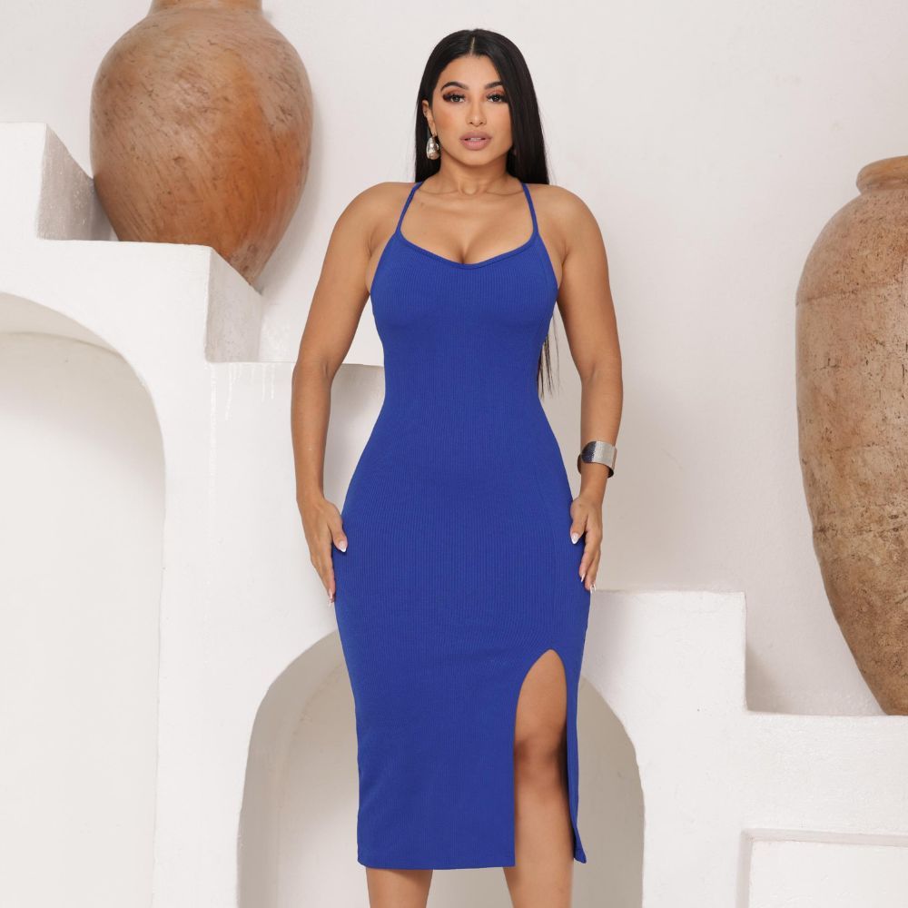 Vestido Midi Azul Royal Justo com Fenda Sexy | Alça Fina e Costas Abertas – Look Festa & Balada