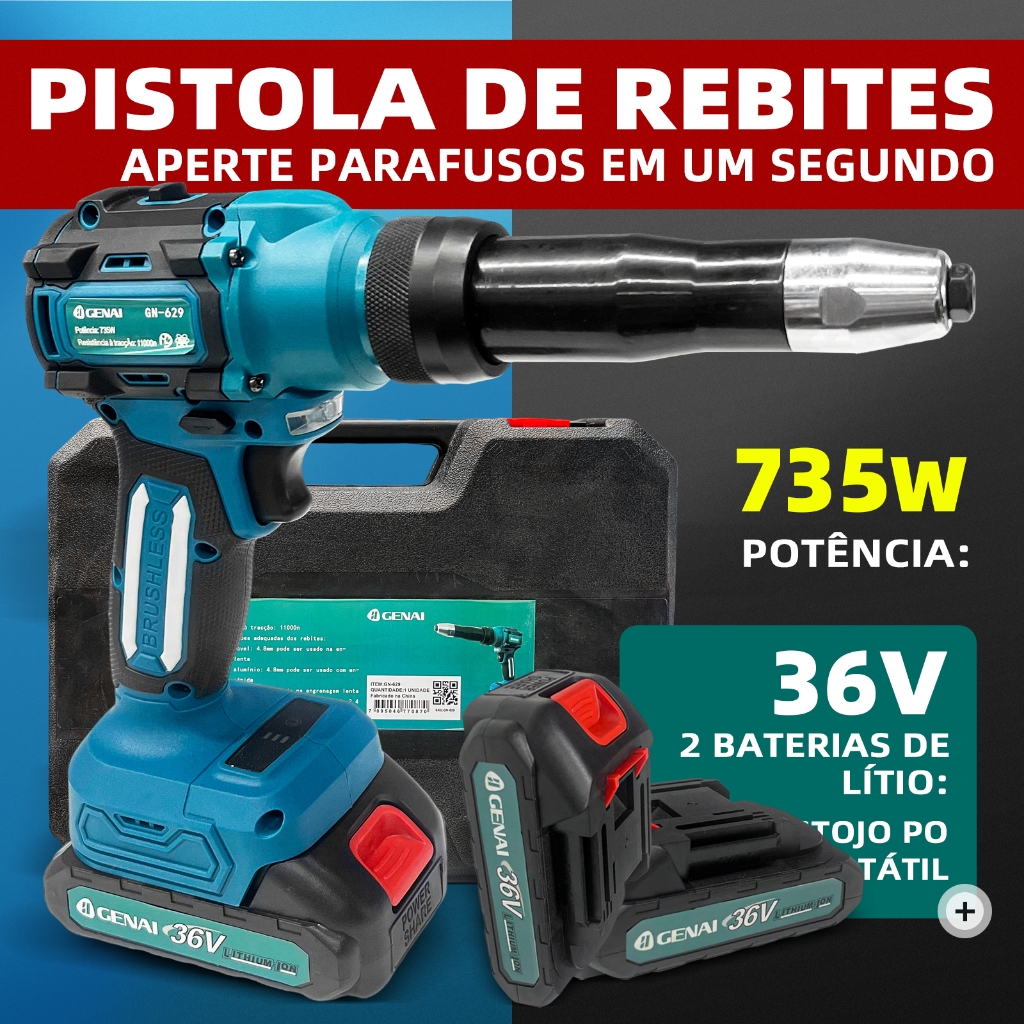 【GENAI】Rebitador a Bateria 36V para Oficinas e Indústrias - Kit com 2 Baterias + 100 Rebites