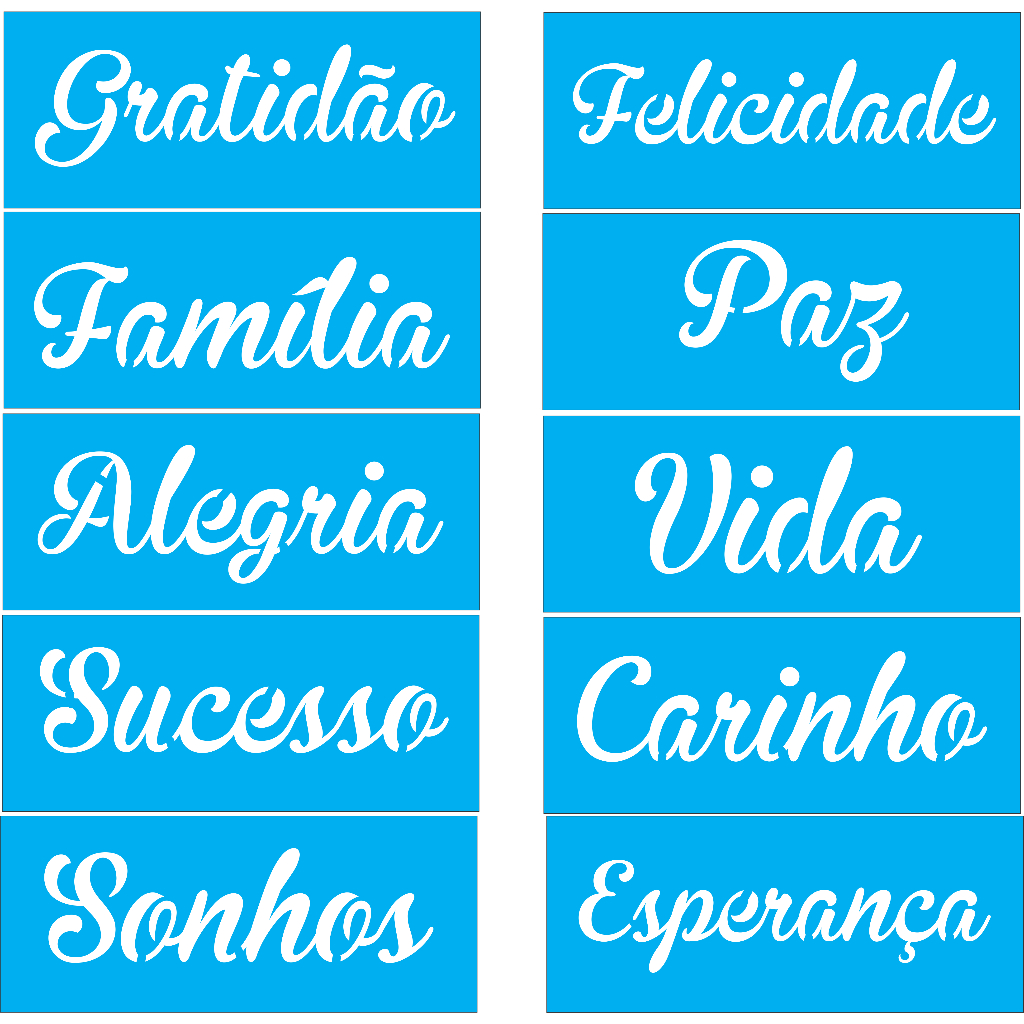 Kit Stencil 10 peças Palavras Alegria, Paz, Sonhos para pintura - Moldes Estêncil - Tamanho 17x7 cm