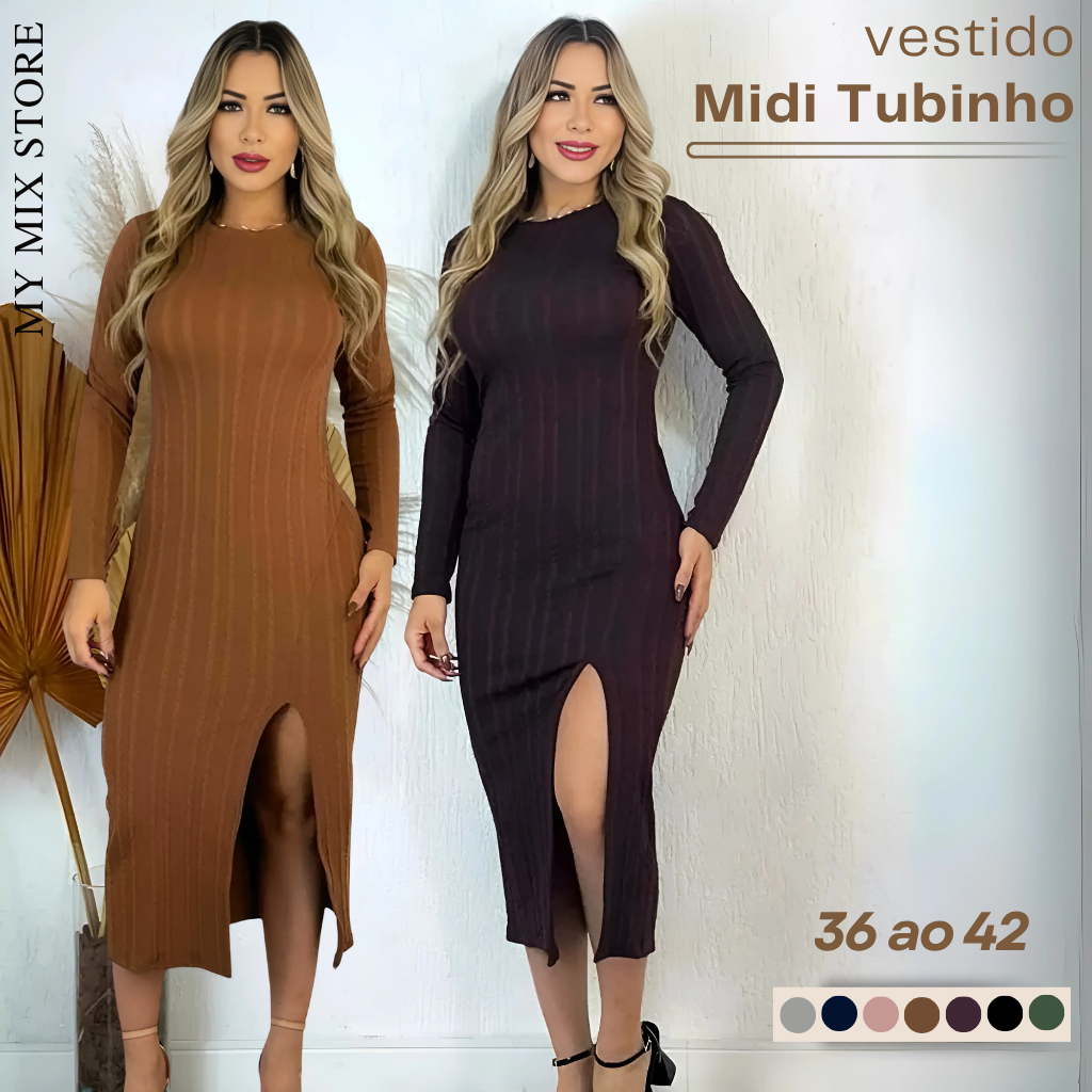Vestido Feminino Midi Inverno Manga Longa Tecido Grosso