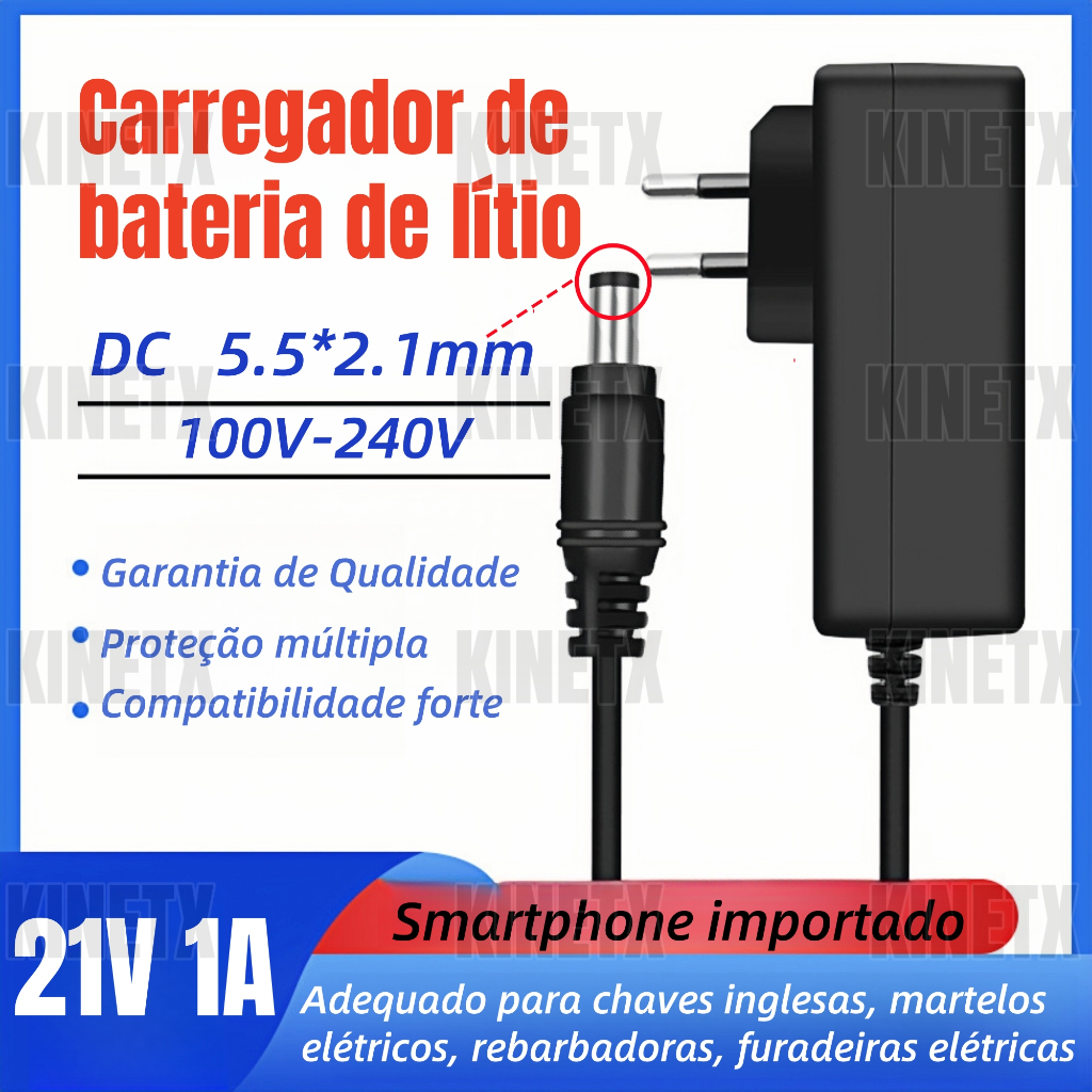 Carregador Universal 21V 1A Bivolt Automático 100-240V para Chave de Impacto e Parafusadeira com Proteção e Luz em Oferta na Shopee