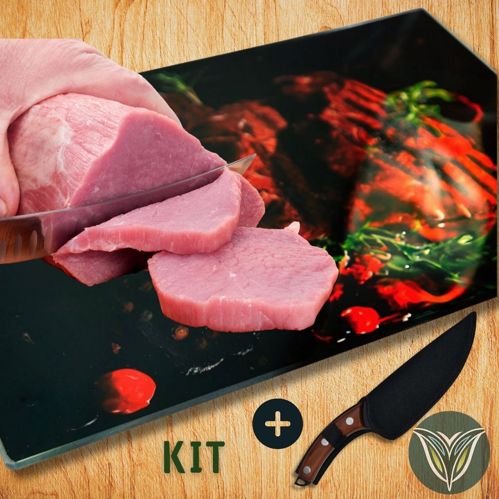 KIT Tábua de Corte de Vidro Temperado Resistente Estampa de Churrasco + Faca Artesanal Inox Bainha Gourmet Profissional