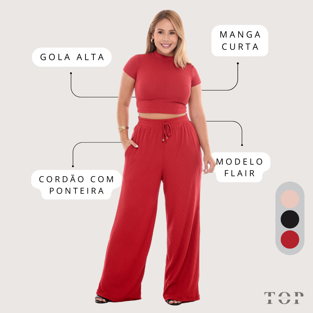 Conjunto Feminino Calça Pantalona Canelada Com Bolso e Cordão Cintura & Blusa Gola Alta