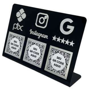 Placa Tripla Pix Instagram Google Display Plaquinha Qr Code Mesa Suporte Caixa Bancada Preto Prata em Oferta na Shopee