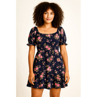 Vestido Feminino Floral Azul Marinho Estação Flores Manga Princesa e Bojo